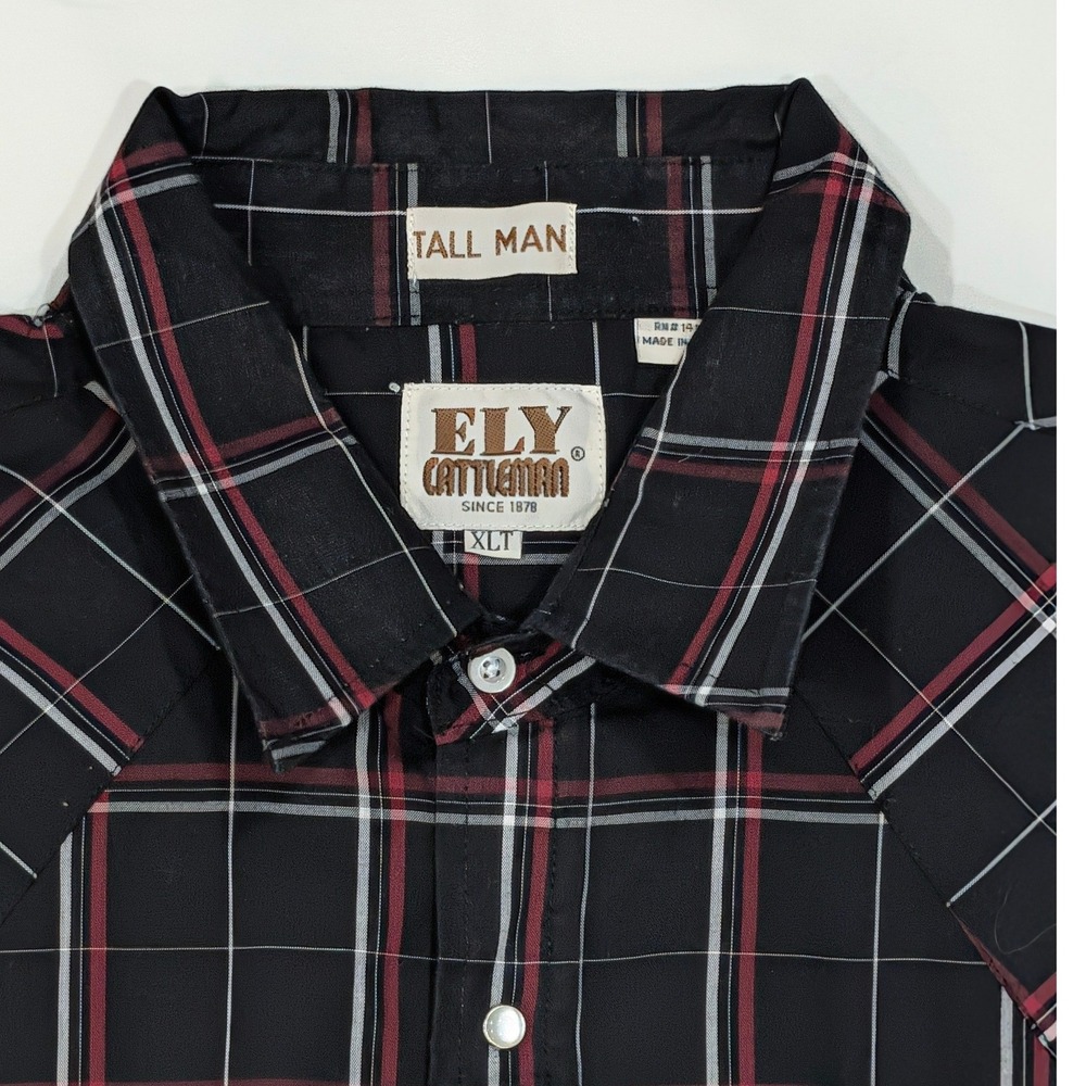 Ely Cattleman Tall Man Black Plaid Western Pearl Snap Shirt XLT Long Sleeve
